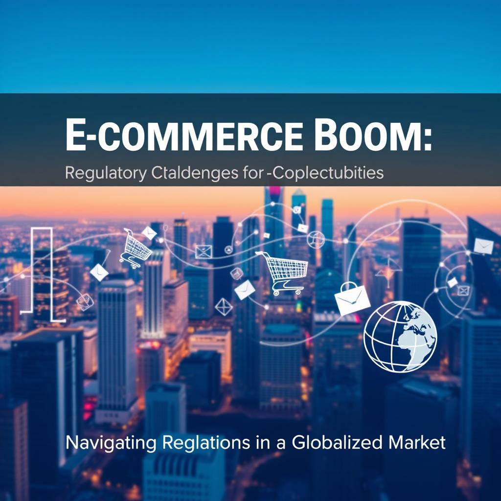 A sleek and dynamic cover page design for a report titled 'E-Commerce Boom: Regulatory Challenges and Opportunities'