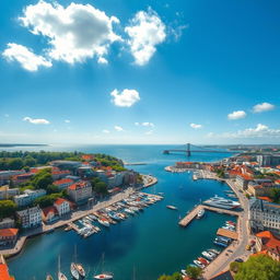 A stunning aerial view of Brest, France, showcasing the vibrant harbor filled with sailing boats, surrounded by lush greenery and the beautiful coastline