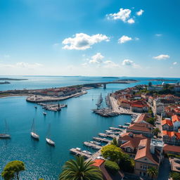 A stunning aerial view of Brest, France, showcasing the vibrant harbor filled with sailing boats, surrounded by lush greenery and the beautiful coastline