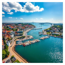 A stunning aerial view of Brest, France, showcasing the vibrant harbor filled with sailing boats, surrounded by lush greenery and the beautiful coastline