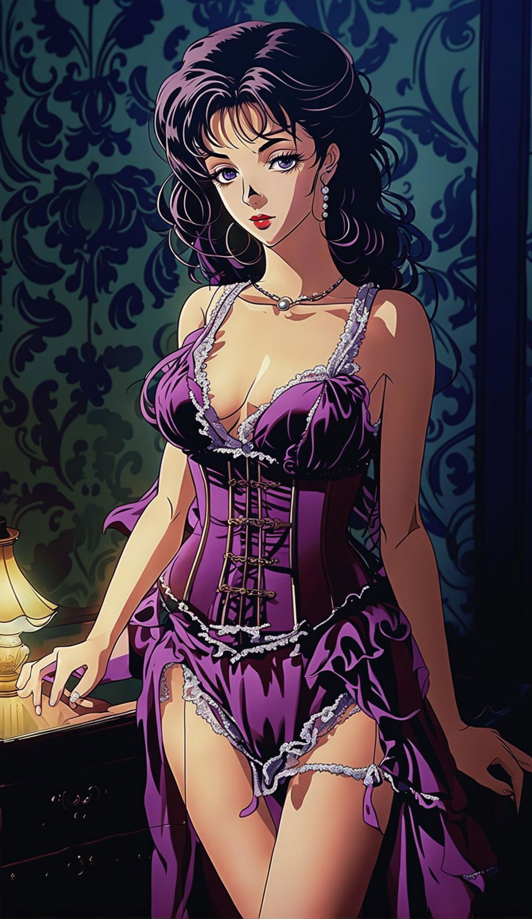 Vintage anime woman with black hair and violet eyes wearing an intricate burgundy corset and sheer silk robe in a dimly lit antique room.