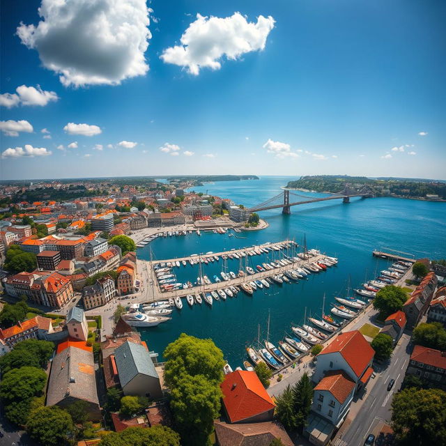 A stunning aerial view of Brest, France, showcasing the vibrant harbor filled with sailing boats, surrounded by lush greenery and the beautiful coastline