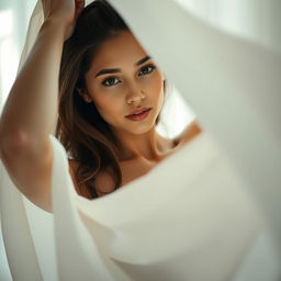 A confident young woman posing elegantly with her arms raised, partially obscured by flowing fabric that hints at her silhouette