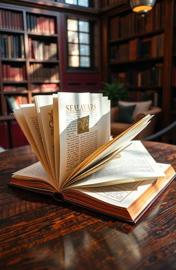 A stylish, open book with its pages fanned out, resting on a richly textured wooden table