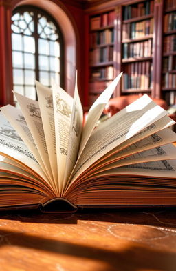 A stylish, open book with its pages fanned out, resting on a richly textured wooden table