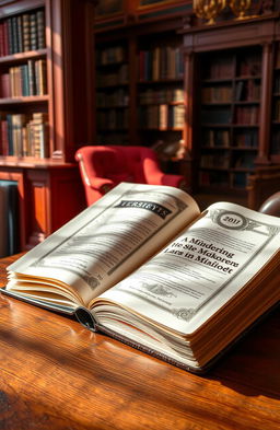 A stylish, open book with its pages fanned out, resting on a richly textured wooden table