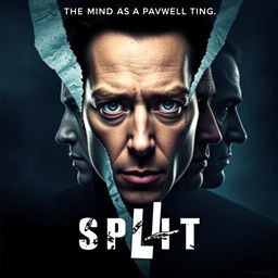 A promotional movie poster for 'Split', starring James McAvoy, featuring a striking close-up of his face, artistically split into multiple sections, each representing his different characters