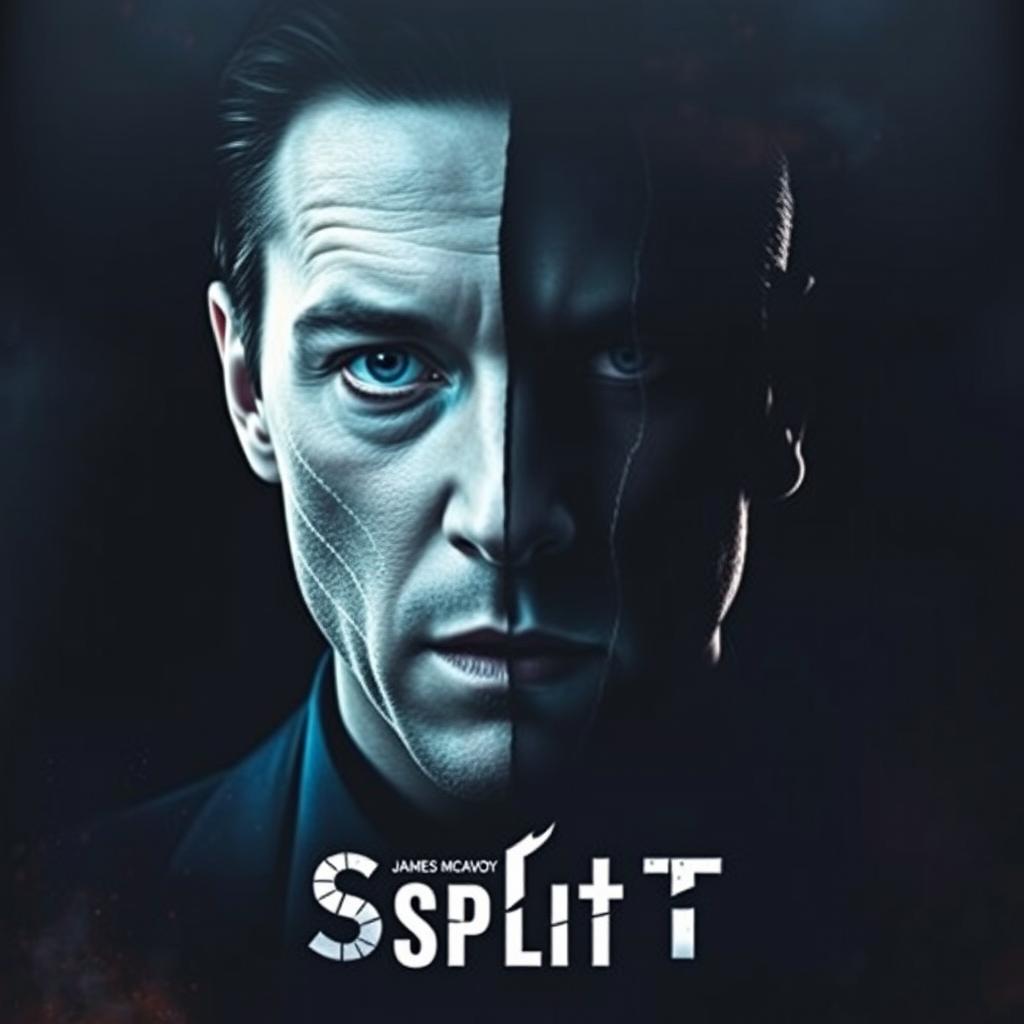 A promotional movie poster for 'Split', starring James McAvoy, featuring a striking close-up of his face, artistically split into multiple sections, each representing his different characters