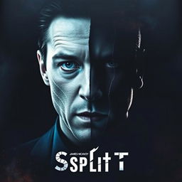 A promotional movie poster for 'Split', starring James McAvoy, featuring a striking close-up of his face, artistically split into multiple sections, each representing his different characters