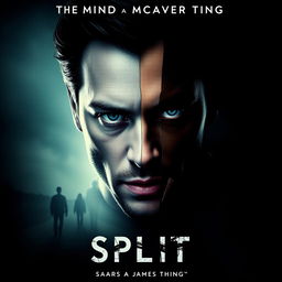 A promotional movie poster for 'Split', starring James McAvoy, featuring a striking close-up of his face, artistically split into multiple sections, each representing his different characters