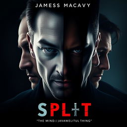 A promotional movie poster for 'Split', starring James McAvoy, featuring a striking close-up of his face, artistically split into multiple sections, each representing his different characters