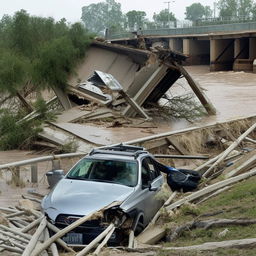 An SUV tossed about amidst the wreckage of a one-lane, road-level bridge that has been destroyed by a powerful flood.