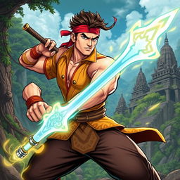 A heroic and dynamic depiction of Pendekar 212 from the classic Indonesian comic 'Wiro Sableng