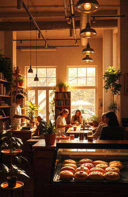 A cozy cafe scene filled with warm light, featuring wooden furniture and plants