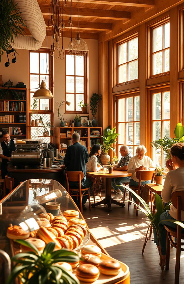 A cozy cafe scene filled with warm light, featuring wooden furniture and plants