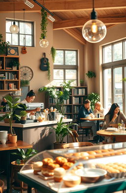 A cozy cafe scene filled with warm light, featuring wooden furniture and plants