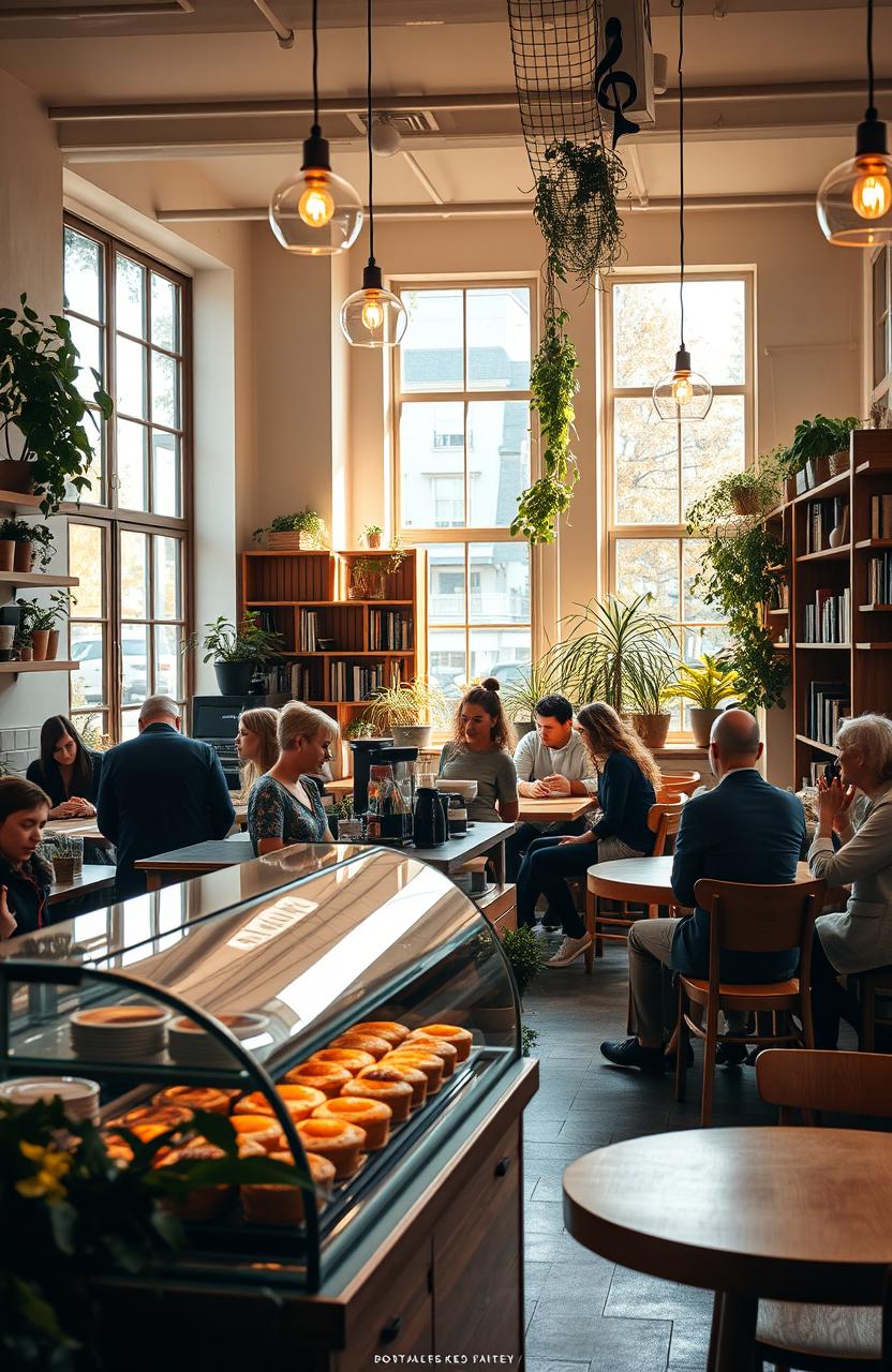 A cozy cafe scene filled with warm light, featuring wooden furniture and plants