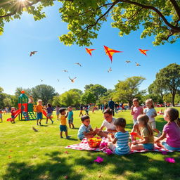 A lively park scene bustling with energy and joy, featuring children of diverse backgrounds engaging in a variety of activities: some are playing on colorful playground equipment, others are flying kites in the clear blue sky, while a group is enjoying a picnic on a bright checkered blanket surrounded by vibrant flowers