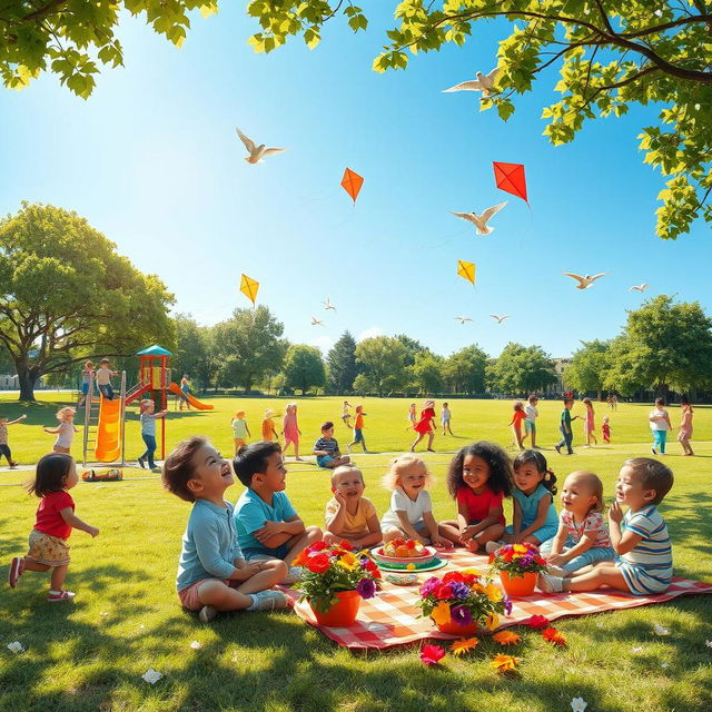 A lively park scene bustling with energy and joy, featuring children of diverse backgrounds engaging in a variety of activities: some are playing on colorful playground equipment, others are flying kites in the clear blue sky, while a group is enjoying a picnic on a bright checkered blanket surrounded by vibrant flowers