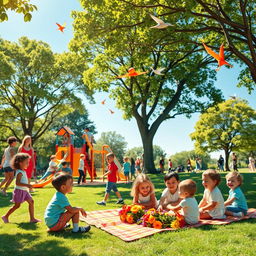 A lively park scene bustling with energy and joy, featuring children of diverse backgrounds engaging in a variety of activities: some are playing on colorful playground equipment, others are flying kites in the clear blue sky, while a group is enjoying a picnic on a bright checkered blanket surrounded by vibrant flowers