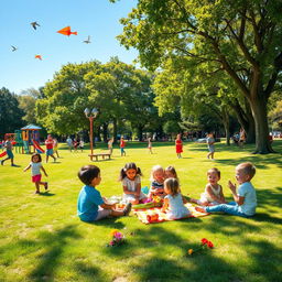 A lively park scene bustling with energy and joy, featuring children of diverse backgrounds engaging in a variety of activities: some are playing on colorful playground equipment, others are flying kites in the clear blue sky, while a group is enjoying a picnic on a bright checkered blanket surrounded by vibrant flowers