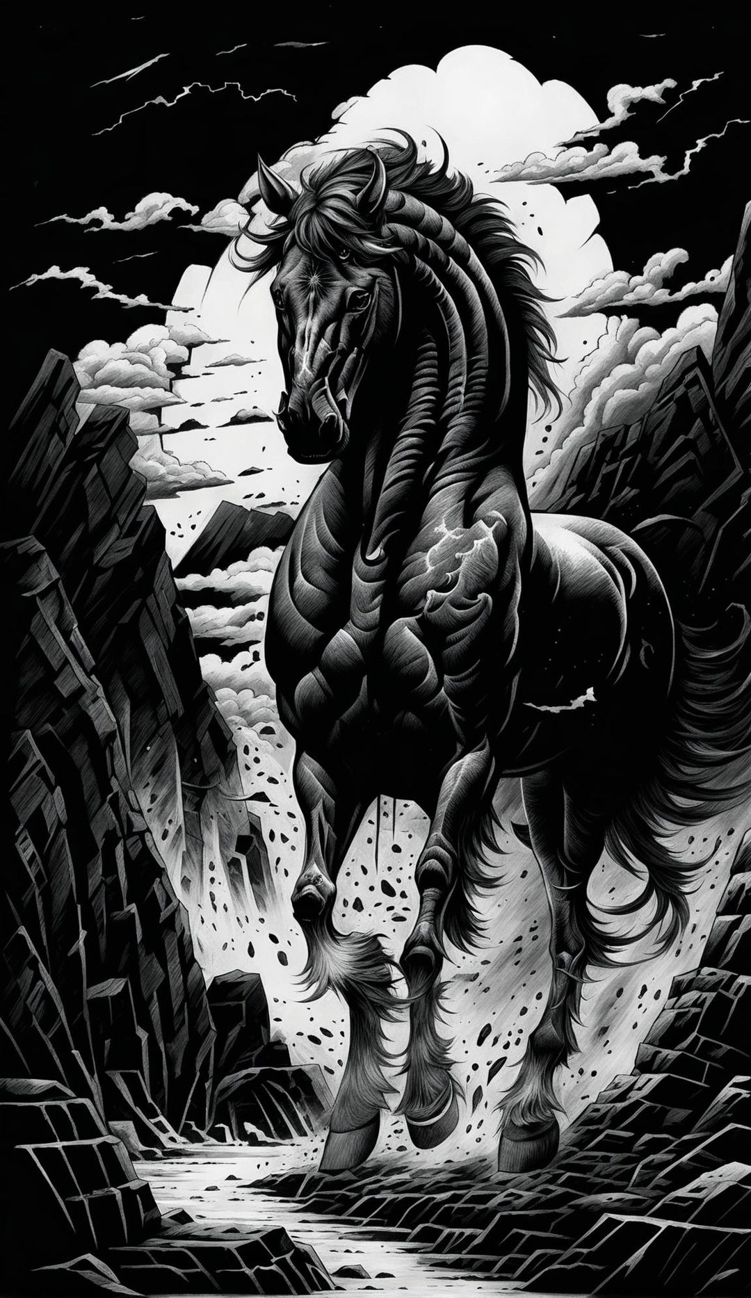 A raw sketch-style anime depiction of a majestic horse born from hell, standing in a hellish landscape surrounded by ominous clouds, jagged rocks, barren plains and a looming mountain range.