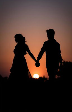 A romantic silhouette of a man and woman holding hands, walking together against a beautiful sunset backdrop