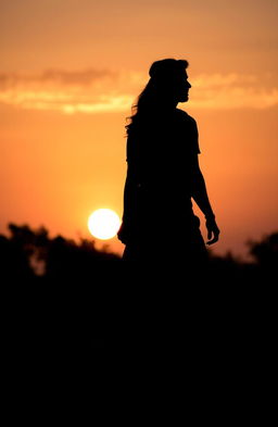 A romantic silhouette of a man and woman holding hands, walking together against a beautiful sunset backdrop