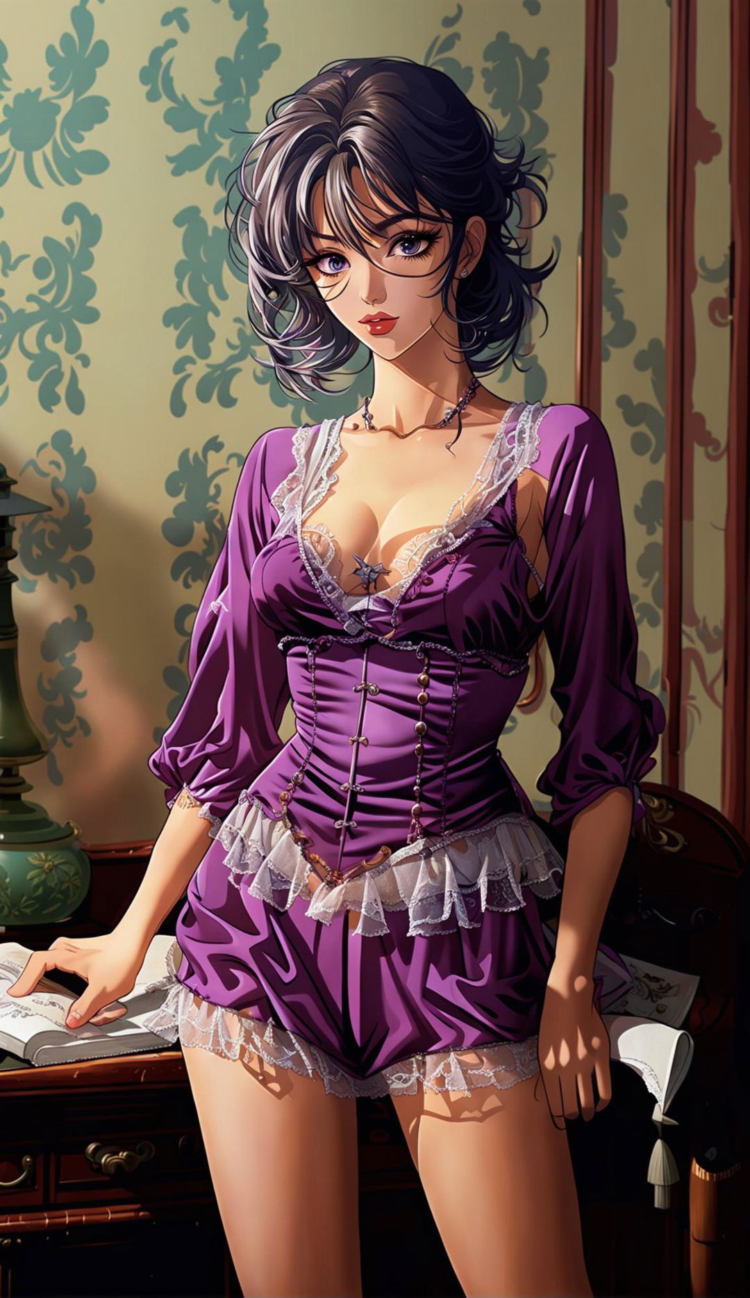 Exquisite anime woman with black hair and violet eyes in a stunning two-piece nightwear set, standing in an antique room under soft lighting.