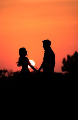 A romantic silhouette of a man and woman holding hands, walking together against a beautiful sunset backdrop