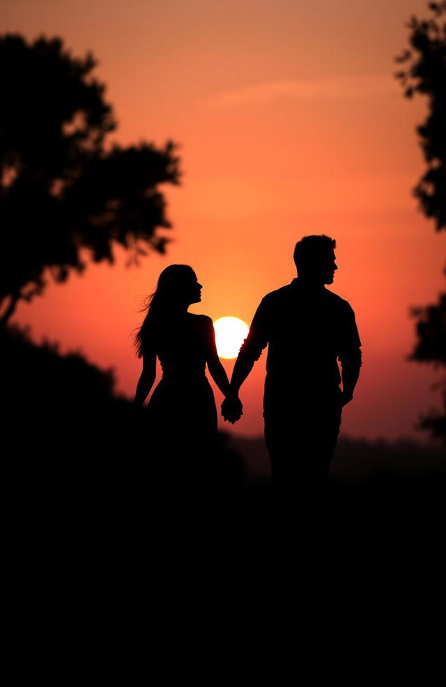 A romantic silhouette of a man and woman holding hands, walking together against a beautiful sunset backdrop