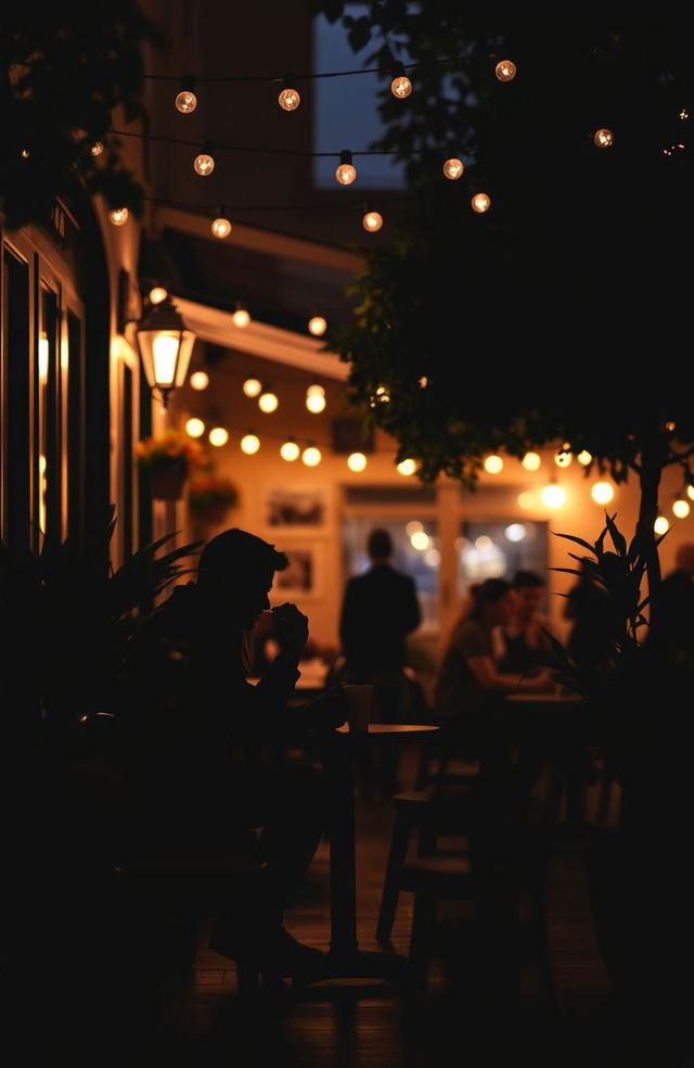 A romantic scene depicting the silhouettes of a couple dating in a cozy cafe