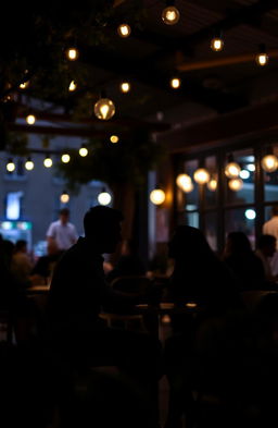 A romantic scene depicting the silhouettes of a couple dating in a cozy cafe