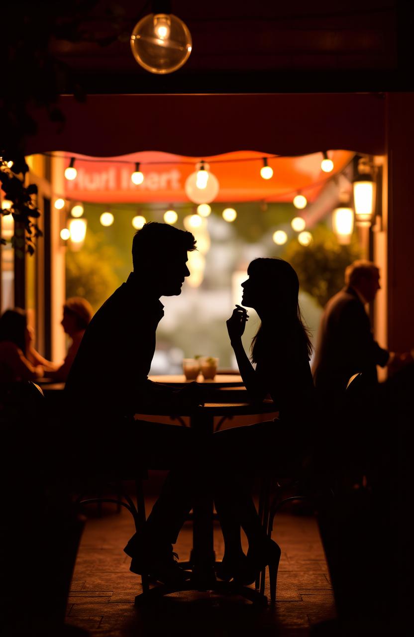 A romantic scene depicting the silhouettes of a couple dating in a cozy cafe