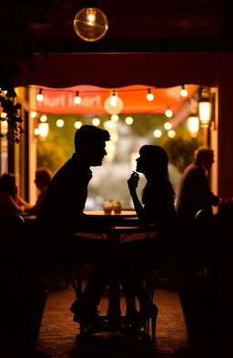 A romantic scene depicting the silhouettes of a couple dating in a cozy cafe