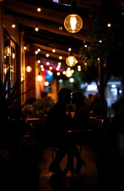 A romantic scene depicting the silhouettes of a couple dating in a cozy cafe