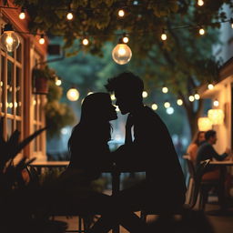 A romantic scene depicting the silhouettes of a young couple dating in a cozy cafe