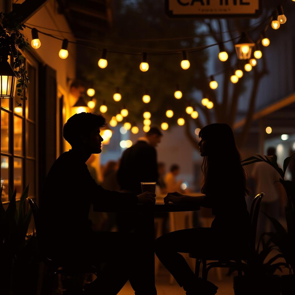 A romantic scene depicting the silhouettes of a young couple dating in a cozy cafe