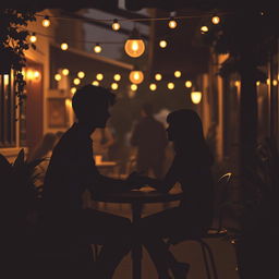 A romantic scene depicting the silhouettes of a young couple dating in a cozy cafe
