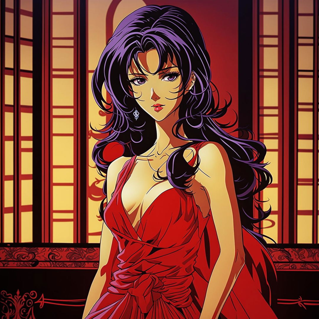 Vintage anime woman with black hair and violet eyes in a shapely, sleeveless red dress in an antique room.