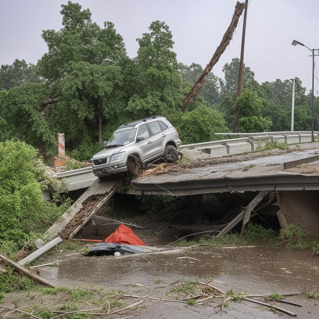 An SUV tossed about amidst the wreckage of a one-lane, road-level bridge that has been destroyed by a powerful flood.