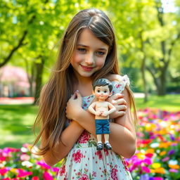 An 18-year-old girl is gently embracing a small figurine of a boy measuring 20 centimeters in height