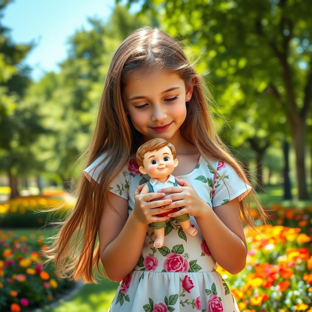 An 18-year-old girl is gently embracing a small figurine of a boy measuring 20 centimeters in height