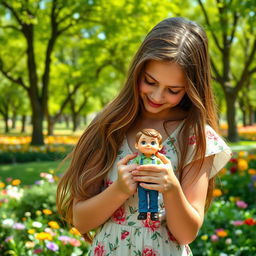 An 18-year-old girl is gently embracing a small figurine of a boy measuring 20 centimeters in height