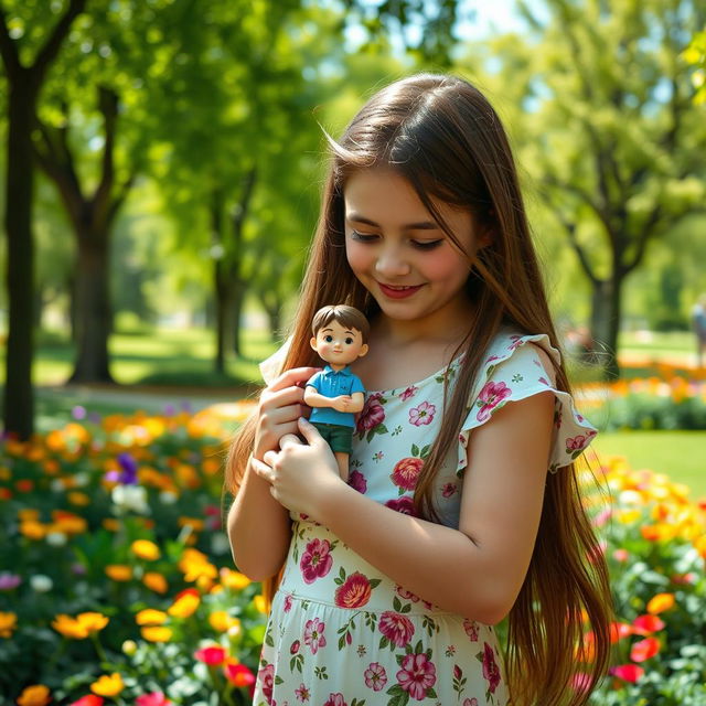 An 18-year-old girl is gently embracing a small figurine of a boy measuring 20 centimeters in height