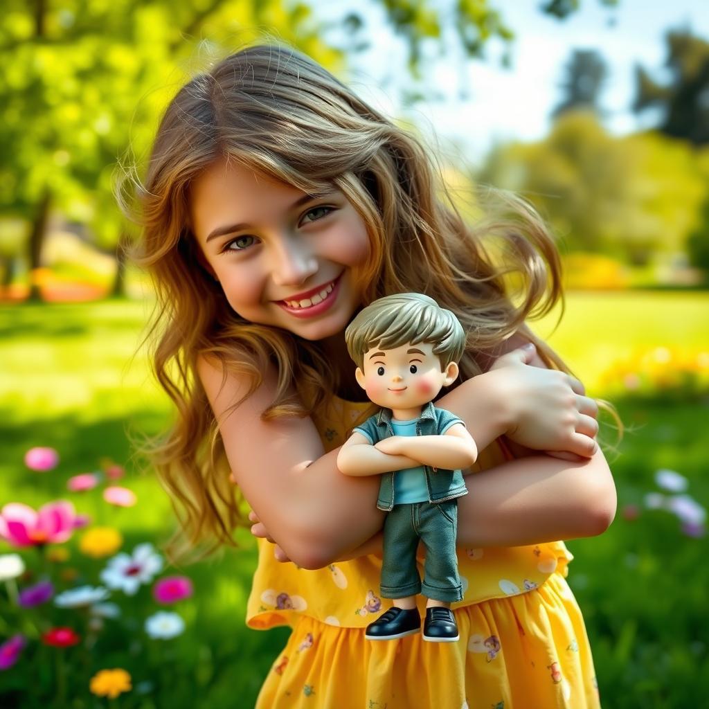 An 18-year-old girl warmly embraces a small boy figurine that is 20 centimeters tall