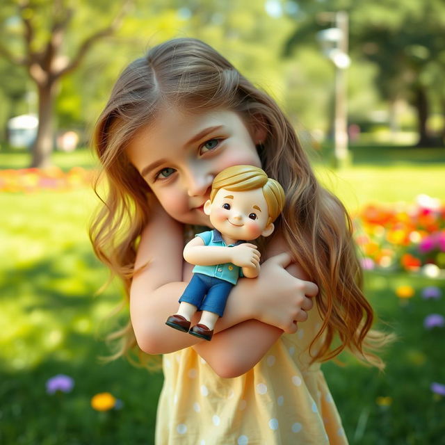 An 18-year-old girl warmly embraces a small boy figurine that is 20 centimeters tall