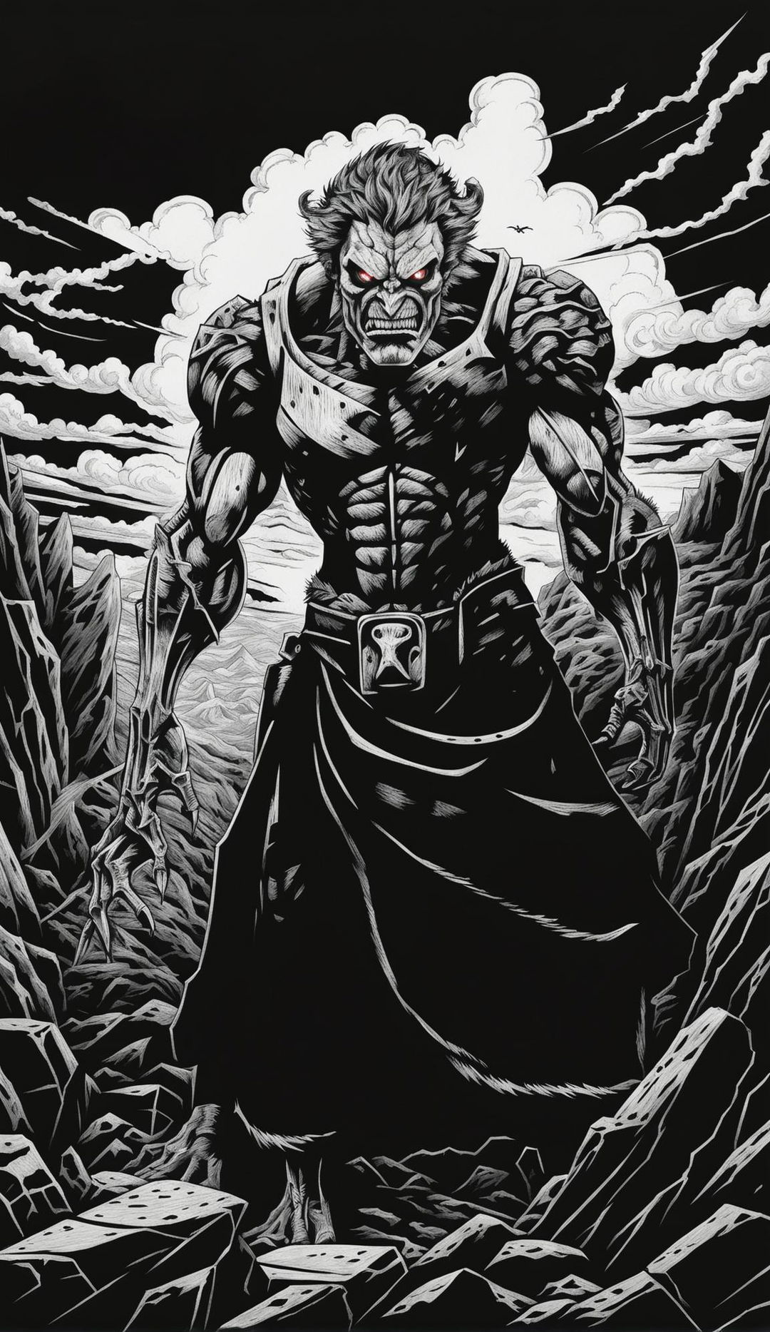 A raw sketch-style anime depiction of the demented and scary antagonist from Berserk, a demon standing in a hellish landscape surrounded by ominous clouds, jagged rocks, barren plains and a looming mountain range.