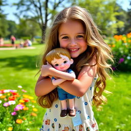 An 18-year-old girl warmly embraces a small boy figurine that is 20 centimeters tall