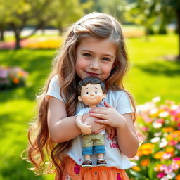 An 18-year-old girl warmly embraces a small boy figurine that is 20 centimeters tall